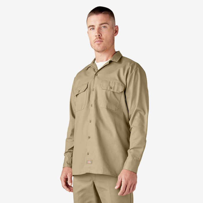 Dickies khaki long sleeve work shirt, alternate view of the collar and button placket
