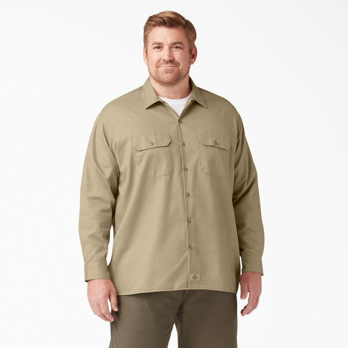 Dickies long sleeve work shirt in khaki, big and tall fit product view of the garment