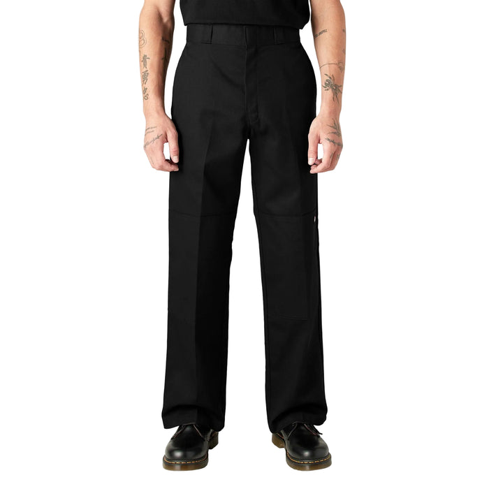 Dickies loose fit double knee work pant in black, front view with reinforced knees