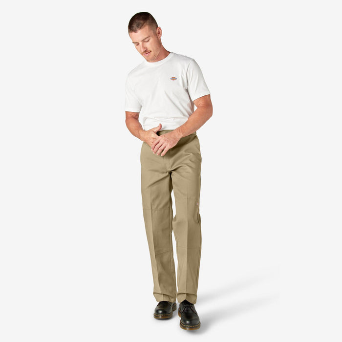 Khaki Dickies double knee work pant, further alternate view of the leg and hem
