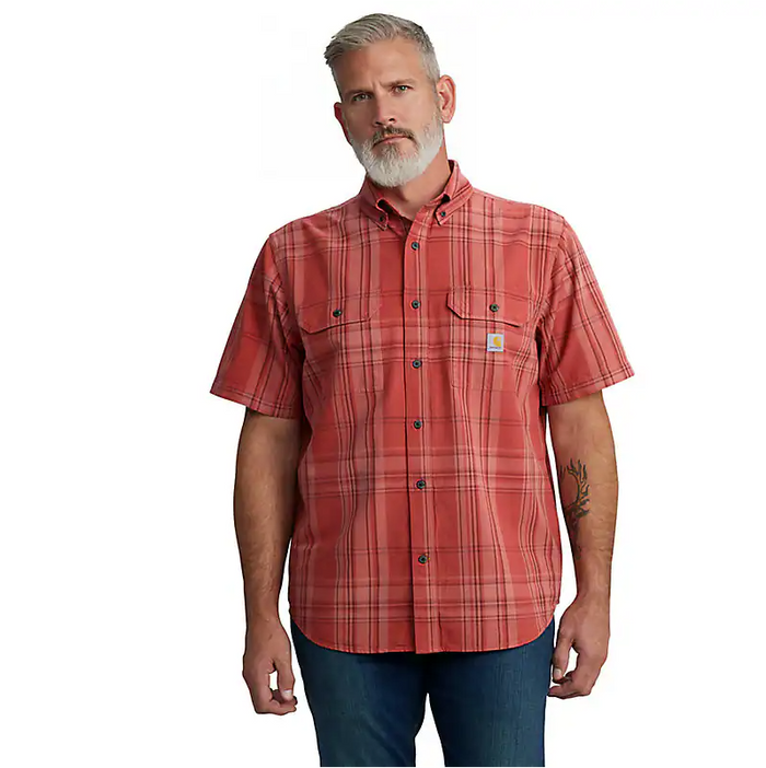 Carhartt loose fit midweight short-sleeve plaid shirt in crimson moss, big and tall sizing