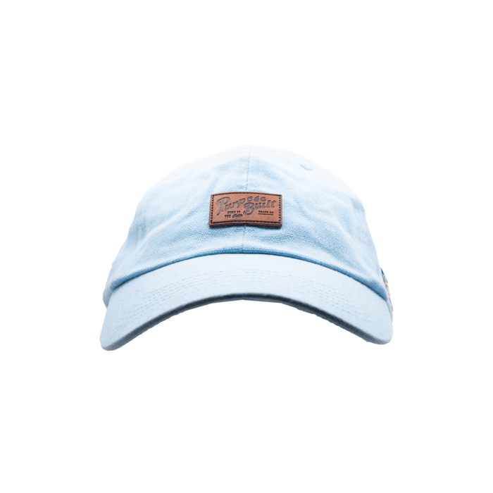 Purpose-Built Lowdown hat in light blue, front view of the embroidery