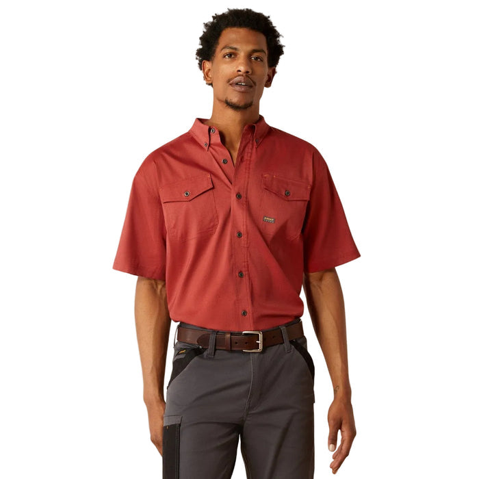Ariat Made Tough VenTEK Durastretch short sleeve work shirt in firebrick red, front view, big and tall sizing