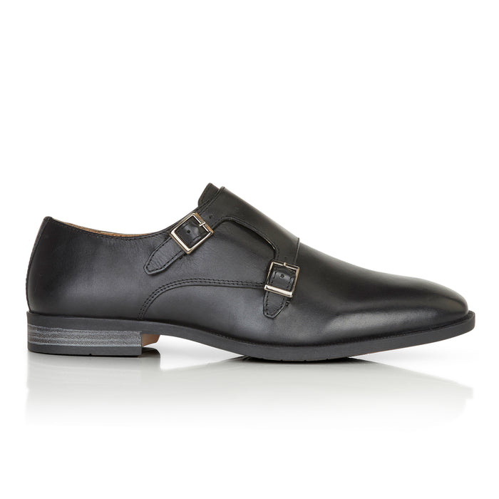 Malvern Leather Double Monk Shoes - Black