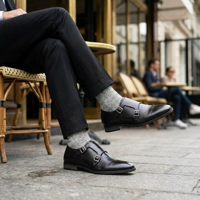 Malvern Leather Double Monk Shoes - Black