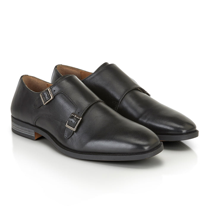 Malvern Leather Double Monk Shoes - Black
