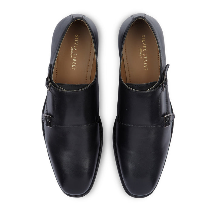 Malvern Leather Double Monk Shoes - Black