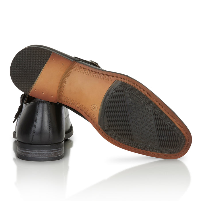 Malvern Leather Double Monk Shoes - Black