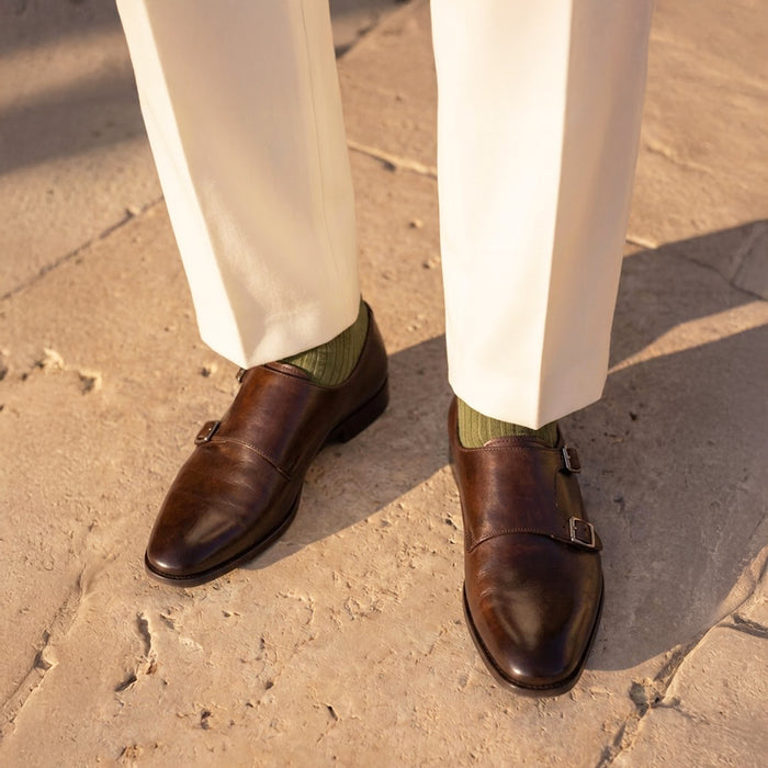 Malvern Leather Double Monk Shoes - Brown