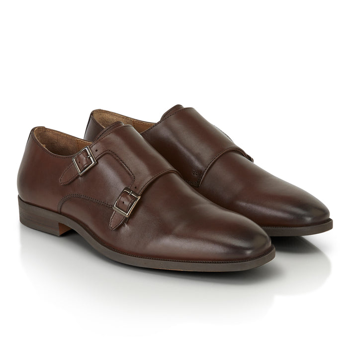 Malvern Leather Double Monk Shoes - Brown