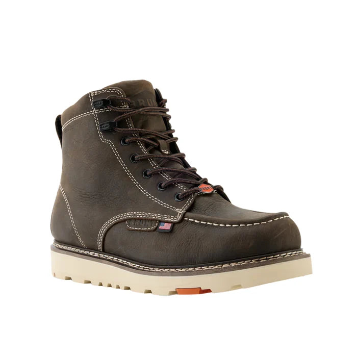 USA made BRUNT Marin 6-inch welted composite toe work boot in dark brown, three-quarter view