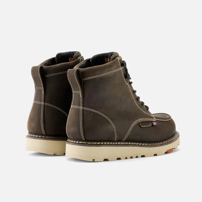 Three-quarter back view of the USA made BRUNT Marin welted composite toe boot in dark brown