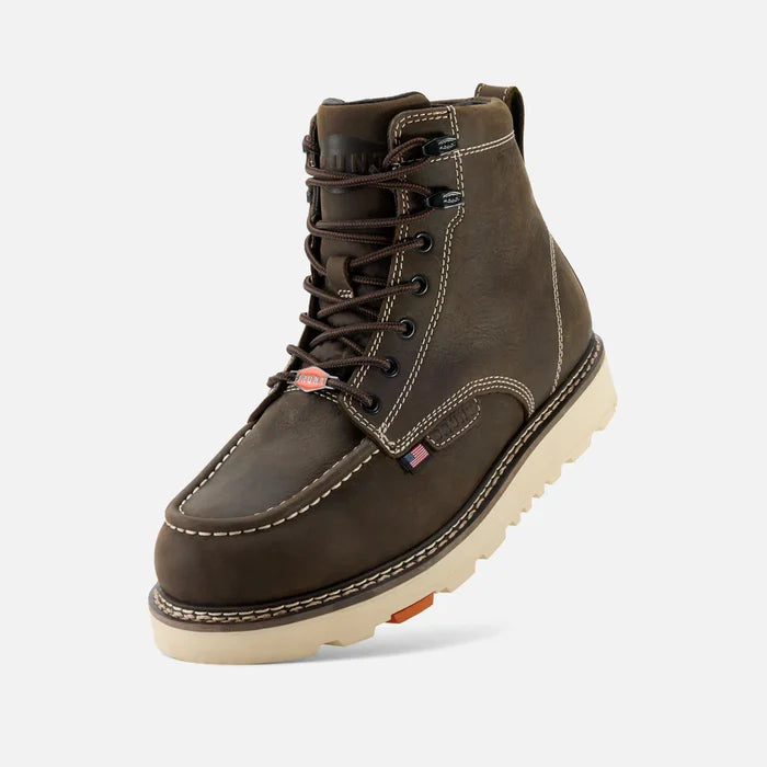 USA made BRUNT Marin welted soft toe boot in dark brown, 45 degree three-quarter view