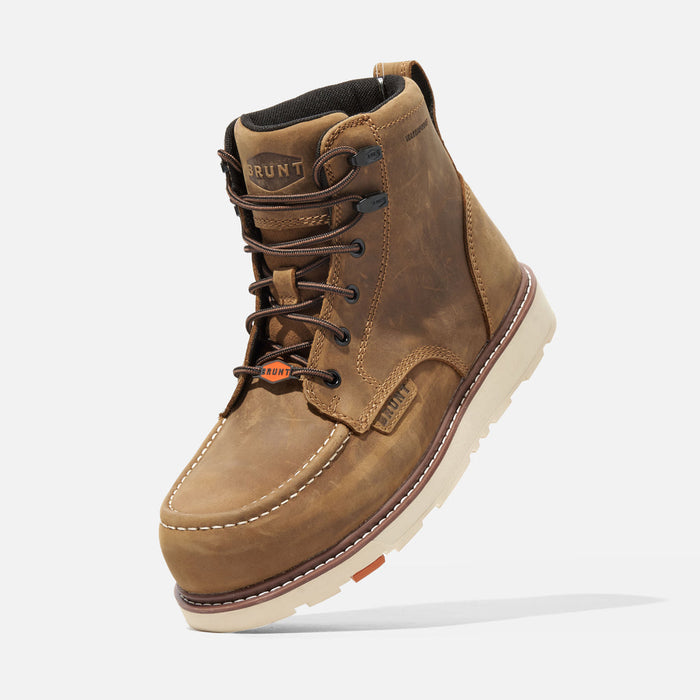 BRUNT Marin 6-inch waterproof composite toe work boot shown mid-step in a job site setting