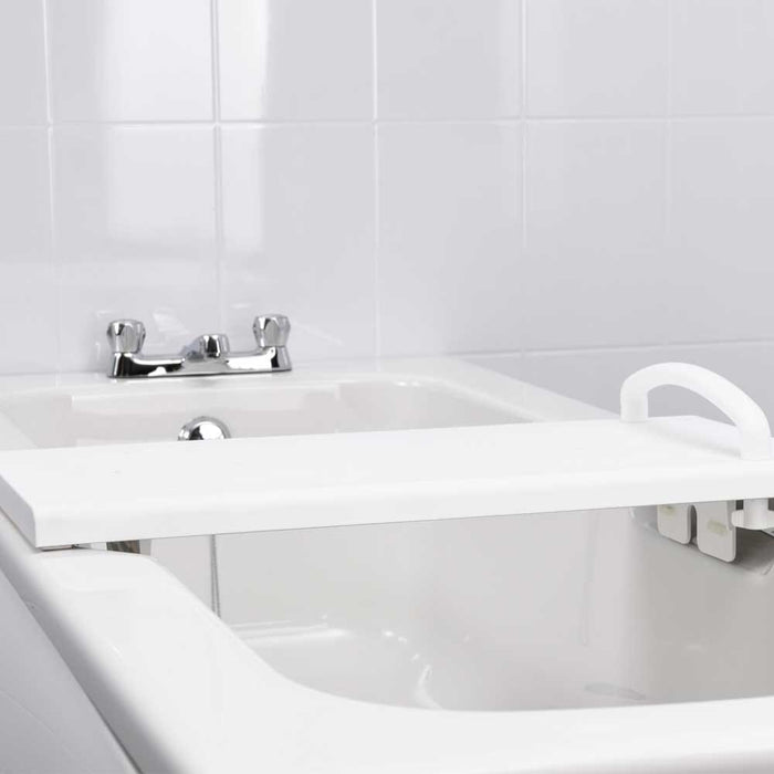 Close-up of the handle on Medeci Adjustable Width Bath Board, highlighting its secure grip for safe transfers.