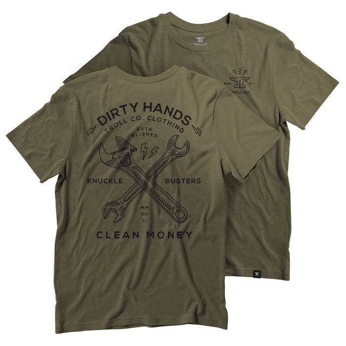 Troll Co. DHCM Twisting Wrenches men's t-shirt in military green, flat lay