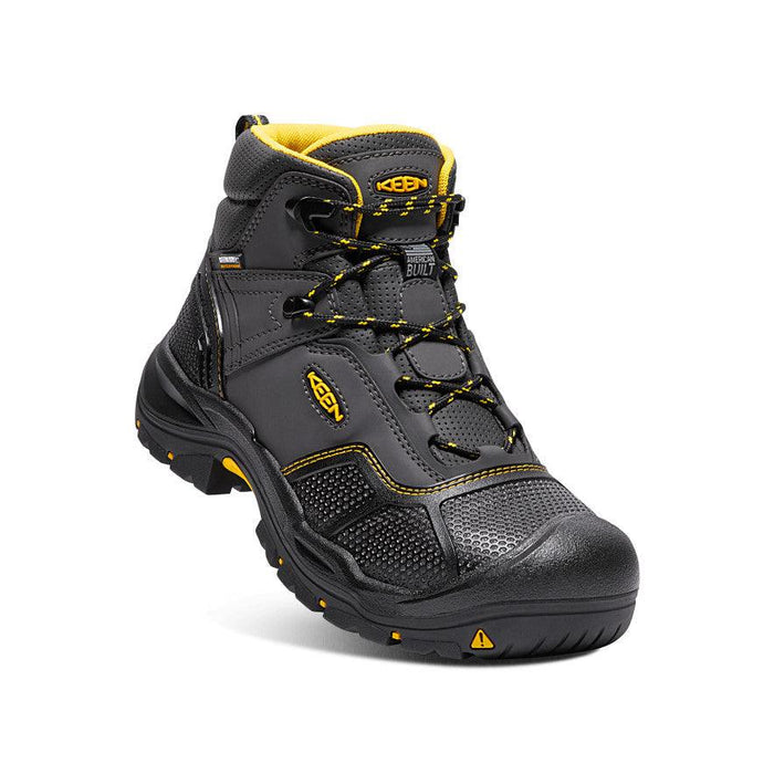 Detail view of the Keen Utility Logandale 6-inch waterproof steel toe work boot upper
