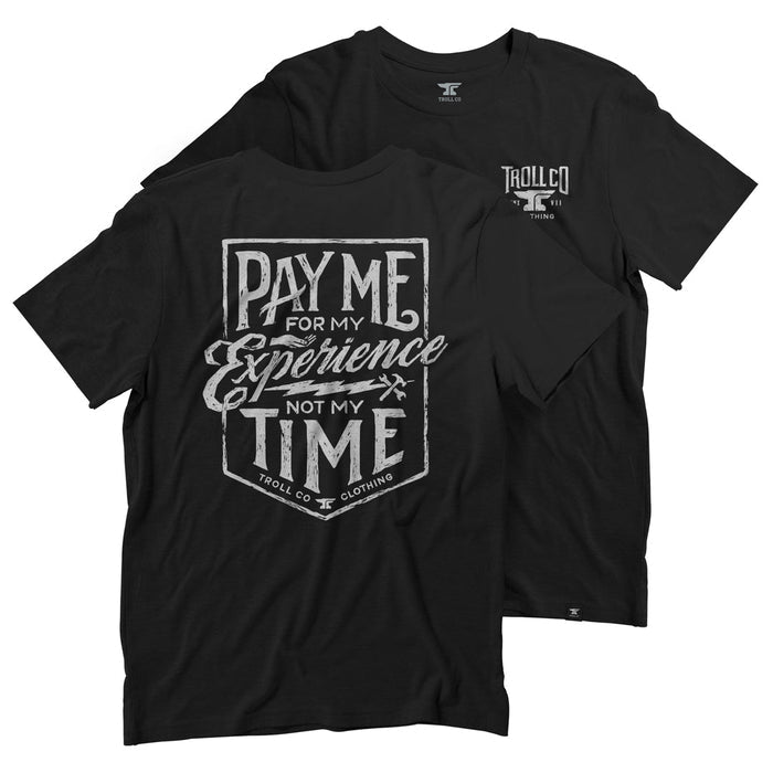 Troll Co. Pay Me t-shirt in black, flat lay of the front graphic