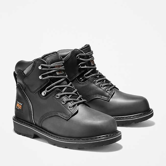 Timberland PRO Pit Boss steel toe work boot in black, detail product view of the upper