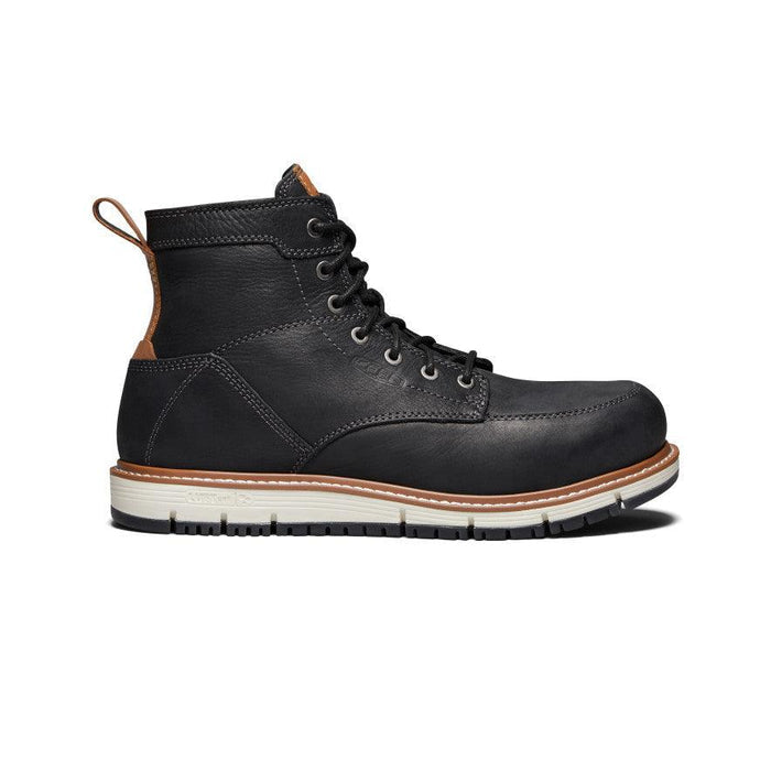 Keen Utility San Jose 6-inch aluminum toe moc toe work boot in black and caramel cafe, EH rated