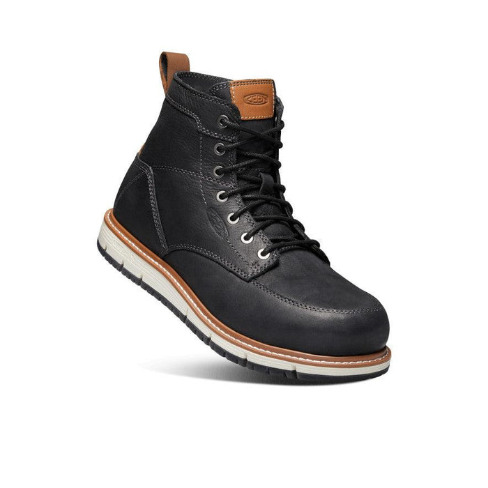 Detail view of the Keen Utility San Jose 6-inch aluminum toe boot in black and caramel cafe