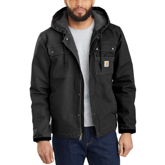 Carhartt sherpa lined washed duck hooded utility jacket in black, big and tall sizes