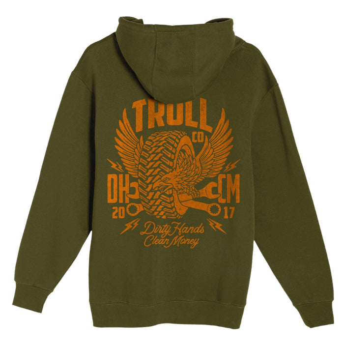 Troll Co. men's Winged Roller hoodie in military green, back view of the print