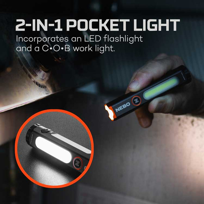 Graphic showing the Nebo Mini Larry 500 as a two-in-one flashlight and work light