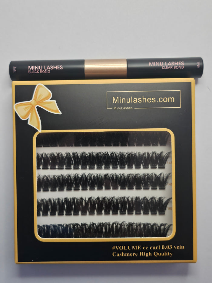 MinuLashes DIY Lash Clusters - Volume 0.03 Vein - 102 Pieces (10mm, 12mm, 14mm, 16mm, 18mm) + brush