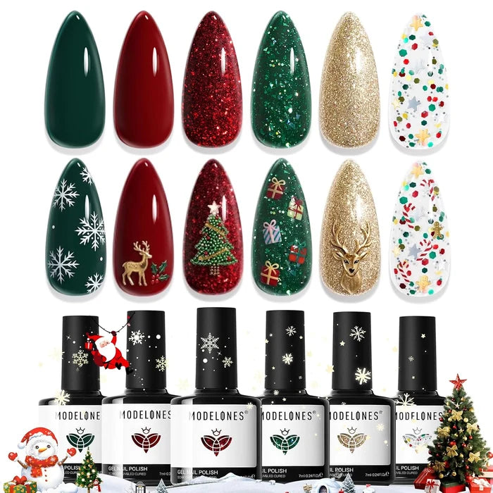 modelones Christmas Gel Nail Polish Set Green Red Gold Sparkle Glitter