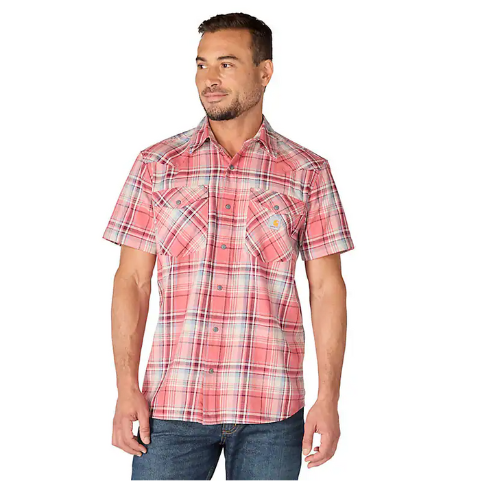 Carhartt Montana Bozeman relaxed fit short-sleeve plaid shirt in light amber, available in big and tall sizes