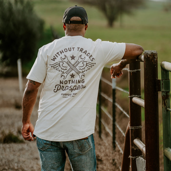 Purpose-Built Nothing Prospers drop shoulder t-shirt in ecru, lifestyle image