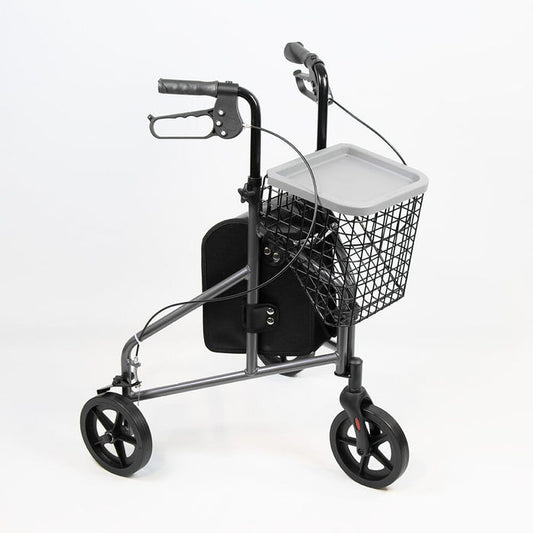 Angled view of NRS 3 Wheel Aluminium Rollator with Basket Tray three-wheel rollator with basket or bag on a plain background.