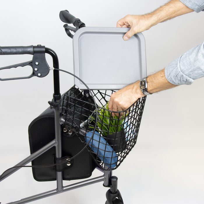 NRS 3 Wheel Aluminium Rollator with Basket Tray three-wheel rollator folded for storage, showing its compact design.