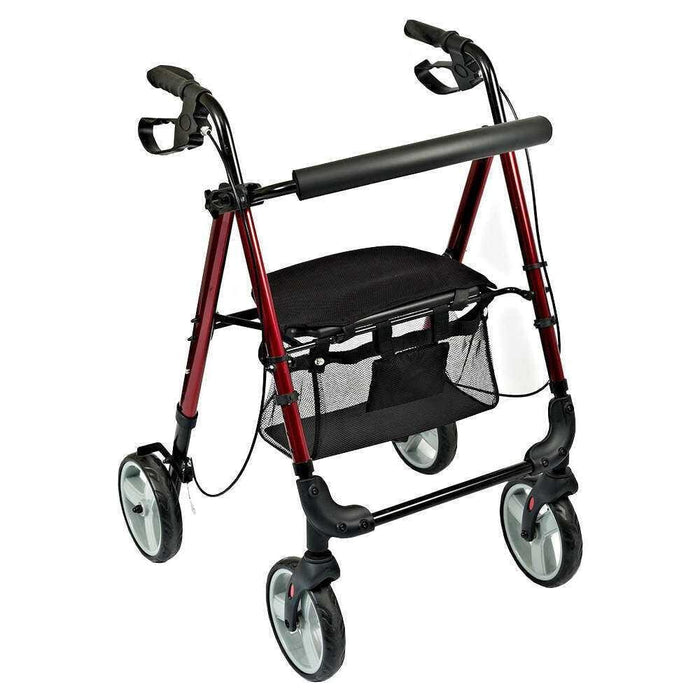 Close-up of the brake mechanism on NRS 4 Wheel Lightweight Rollator rollator's wheel with spring and cable detail.