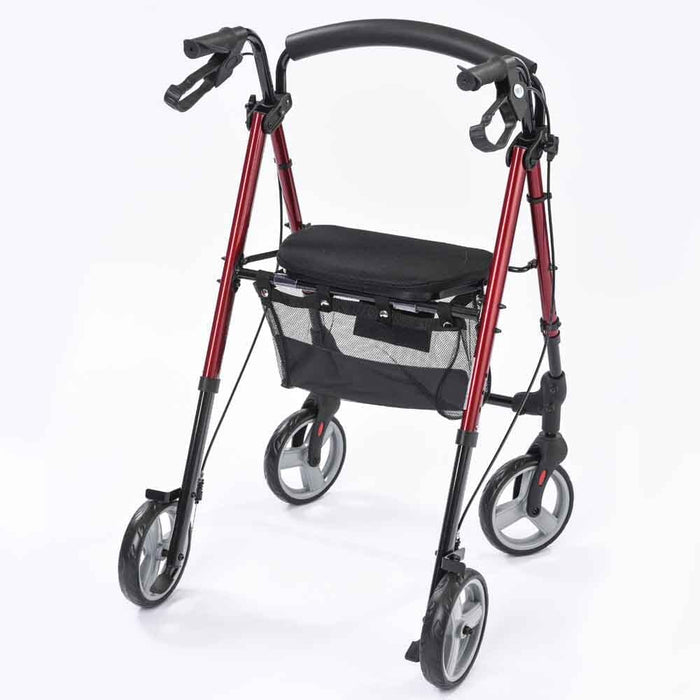 Close-up of a hand squeezing the brake lever on NRS 4 Wheel Lightweight Rollator rollator's handle.