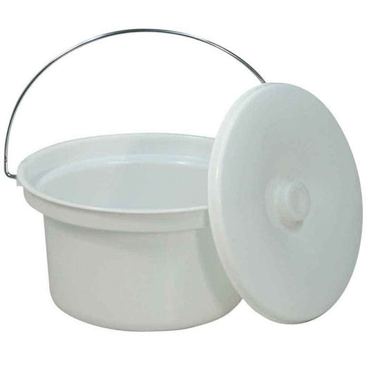 NRS Commode Pan Lid with lid raised showing the open seat and removable commode pan, with supportive arms and adjustable height on a plain background.