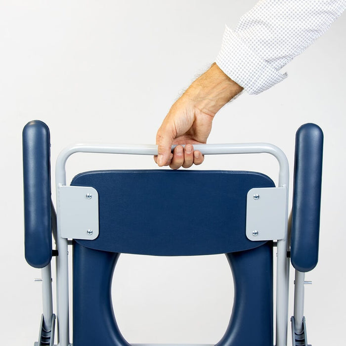 Close-up of NRS Dovedale Folding Commode seat ring and supportive arms, showing comfort and stability.