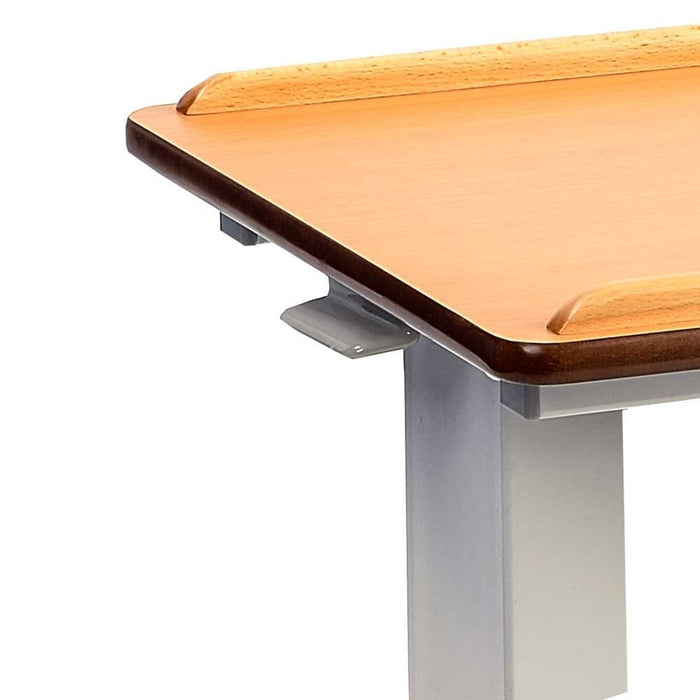 Side view of NRS Easylift Overbed Table-Low with the table top level at its lowest height.