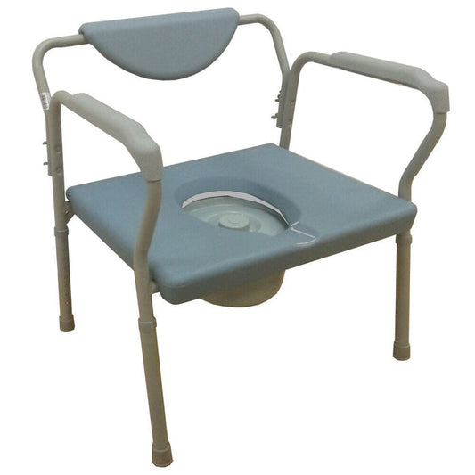 NRS Economy Bariatric Commode with lid raised showing the open seat and removable commode pan, with supportive arms and adjustable height on a plain background.