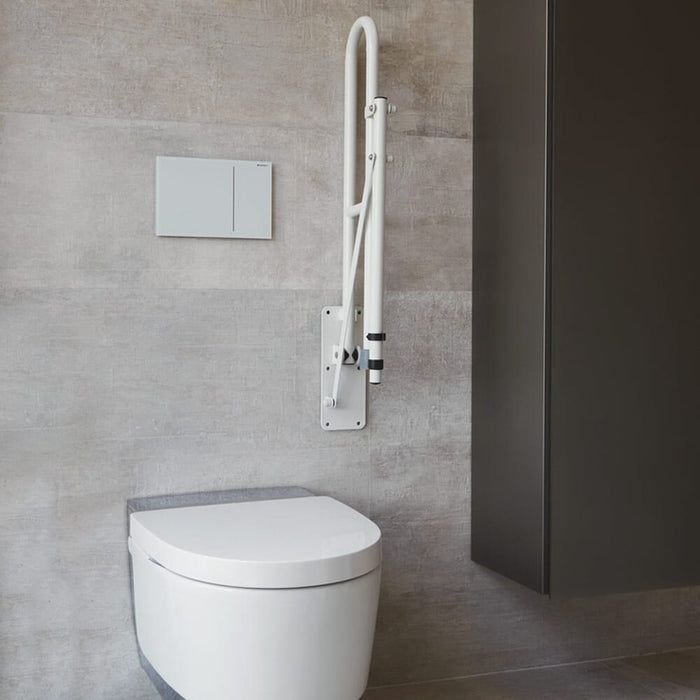 Alternative view of NRS Economy Drop Down Toilet Support Rail with Leg, showing different angle or usage.