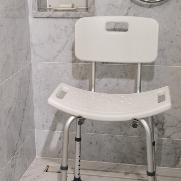 Close-up of a leg on NRS Economy Shower Chair, highlighting the height adjustment mechanism and non-slip rubber ferrule.