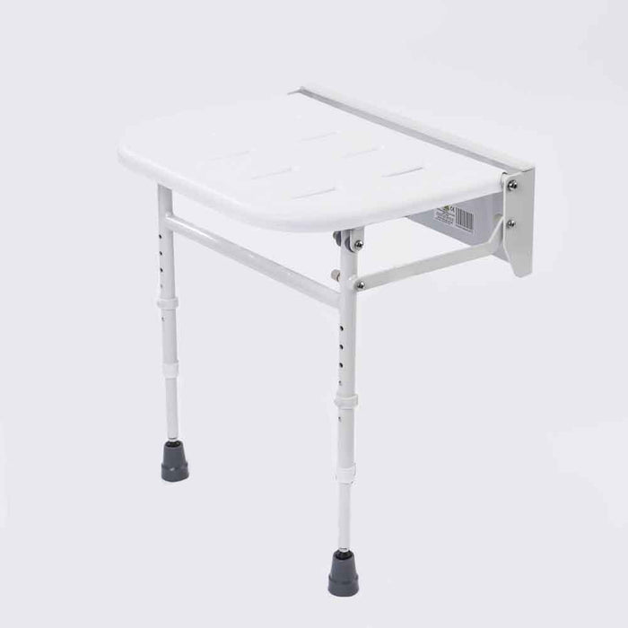 Diagram or packaging of NRS Folding Shower Seat with Legs highlighting dimensions or features.