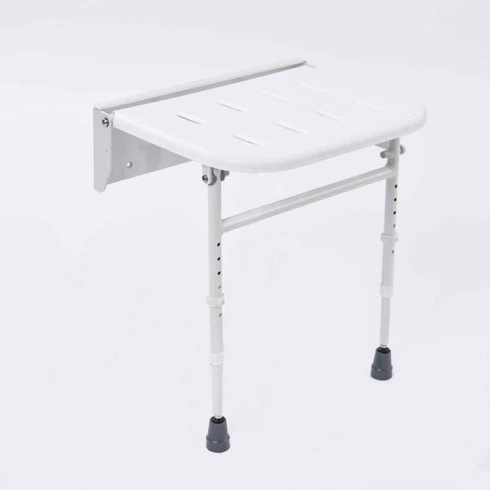 Diagram or packaging of NRS Folding Shower Seat with Legs highlighting dimensions or features.