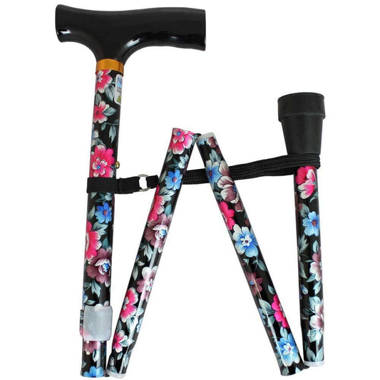 Full view of NRS Folding Walking Stick walking stick on a plain background, showing its handle, shaft and ferrule.