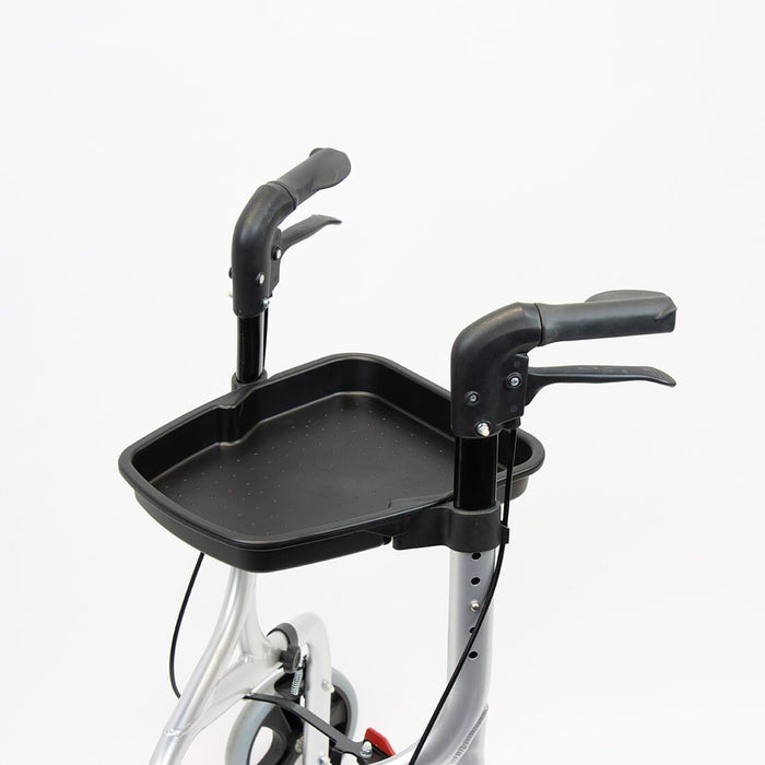 Front view of NRS Freestyle Rollator Tray rollator with seat and padded backrest, showing the handlebars and brake cables.