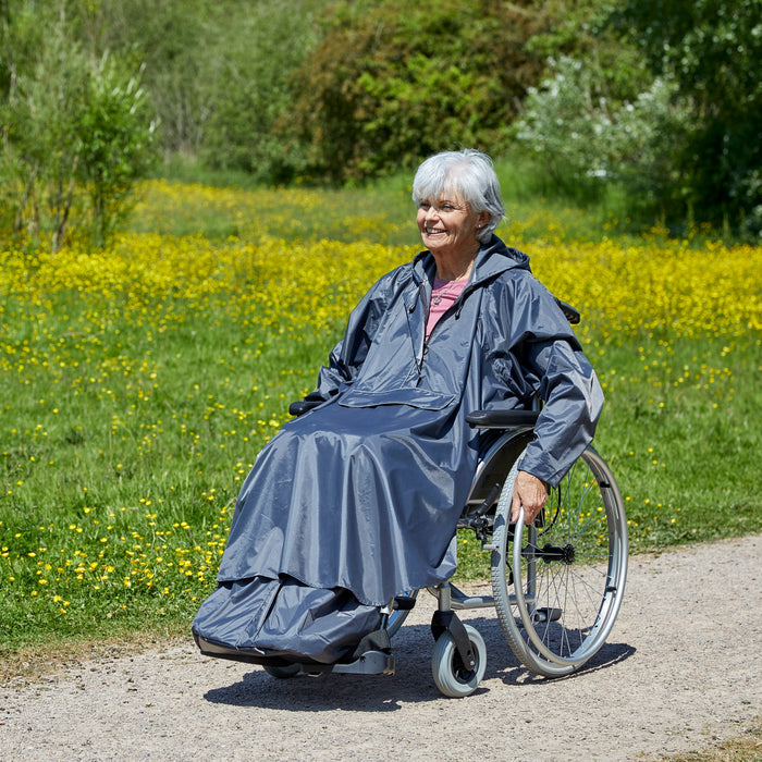 Diagram or packaging of NRS Freestyle Sleeved Mobility Scooter Poncho highlighting dimensions or features.