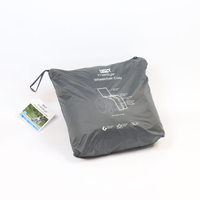 Diagram or packaging of NRS Freestyle Wheelchair Cosy highlighting dimensions or features.