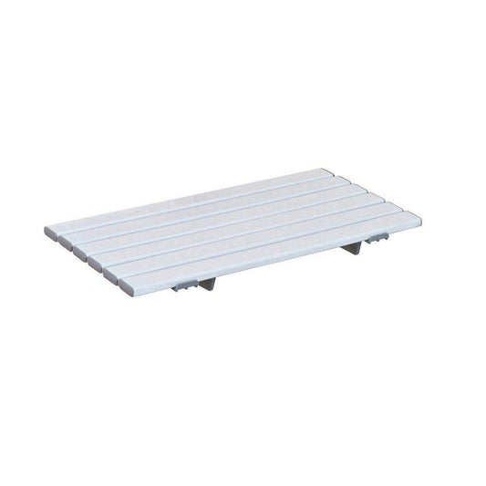 Full view of NRS Heavy Duty Slatted Shower Board bath board showing slatted seat, integral handle and adjustable brackets on a plain background.