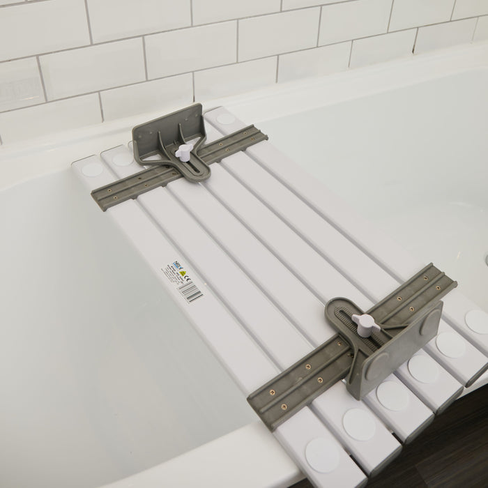 Close-up of the textured, slip-resistant surface or drainage holes on NRS Slatted Shower Board bath board.